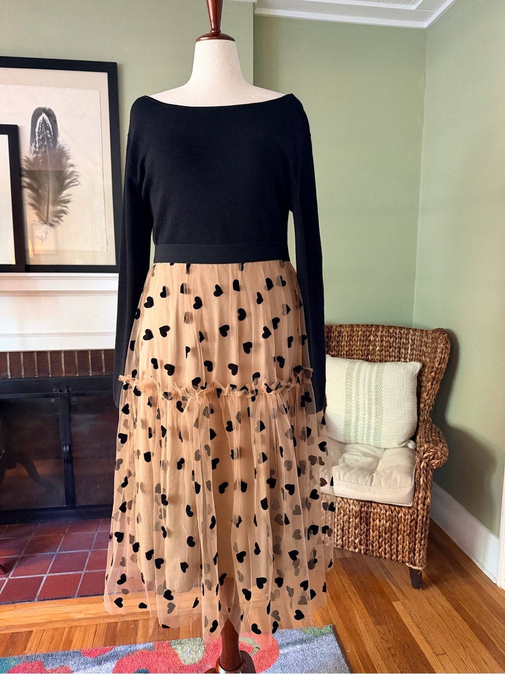 Blush Flocked Heart Tulle Midi Skirt - Estimated Size 2X